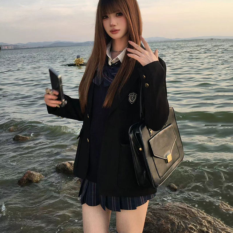 妙氏原创黑色西服外套春秋jk制服叠穿学院风校供感小个子上衣套装