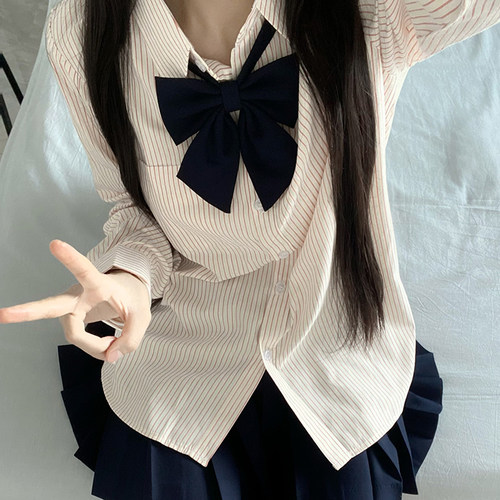 妙氏原创jk衬衫上衣女条纹长袖衬衣短袖内搭2025春秋新款宽松外穿