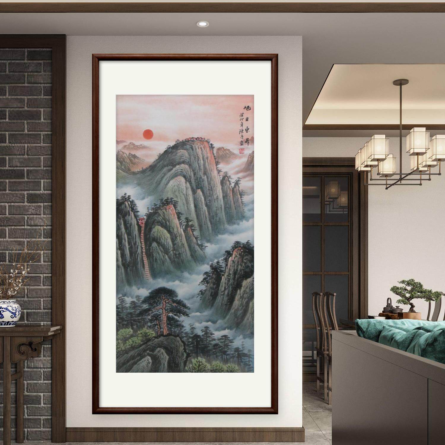 纯手绘竖幅旭日东升玄关山水画入户新中式走廊过道挂画竖版装饰画