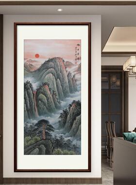 纯手绘竖幅旭日东升玄关山水画入户新中式走廊过道挂画竖版装饰画