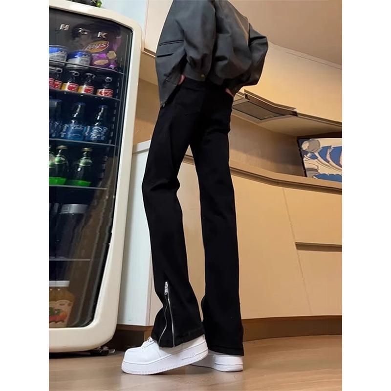 美式高街vibe裤子男款直筒修身侧面拉链牛仔裤加长黑色夏季微喇裤