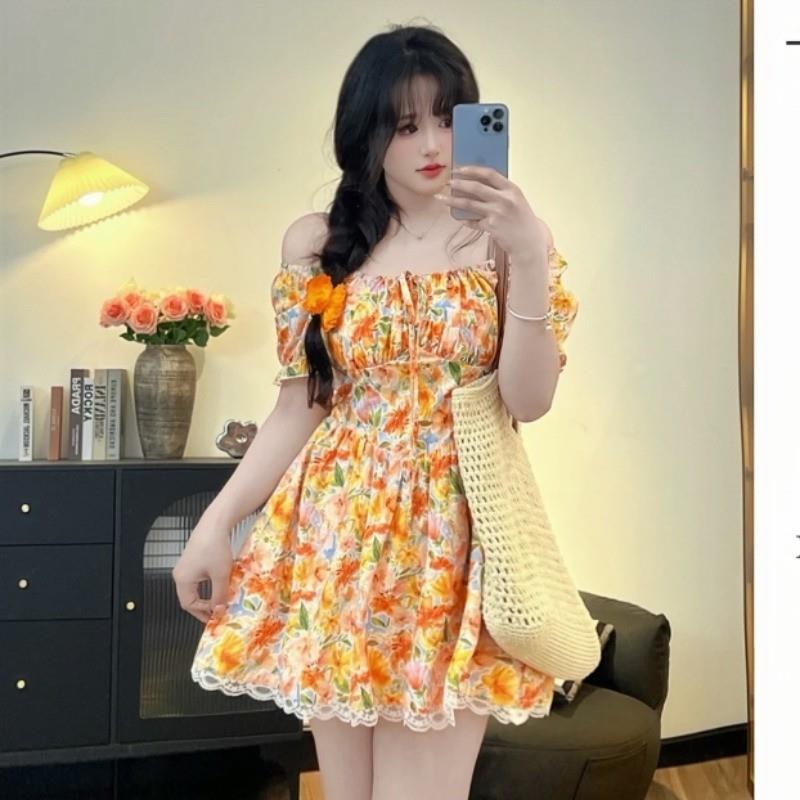 大码法式连衣裙女装2025新款夏季梨形身材碎花裙胖MM遮肚显瘦裙子
