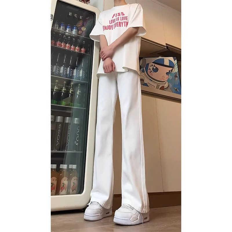 白色微喇牛仔裤男夏季高个子加长vibe直筒裤cleanfit美式高街裤子