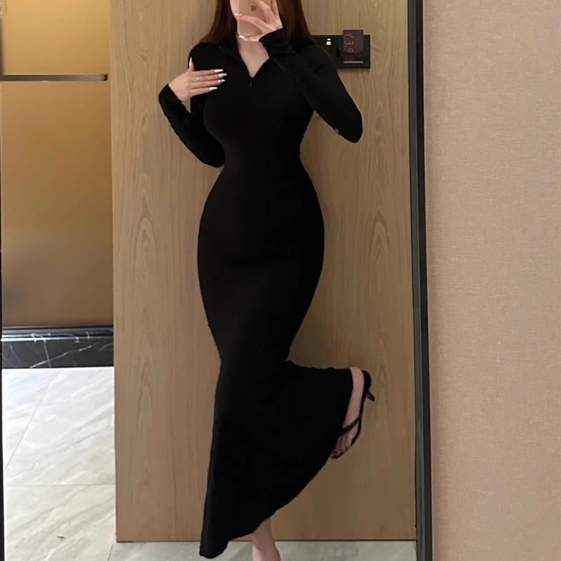 连衣裙女秋冬性感辣妹长袖紧身步步生莲包臀裙高级感后妈鱼尾长裙