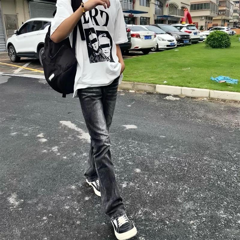 现货美式高街vibe风重磅水洗黑灰517cleanfit微喇修身牛仔裤男
