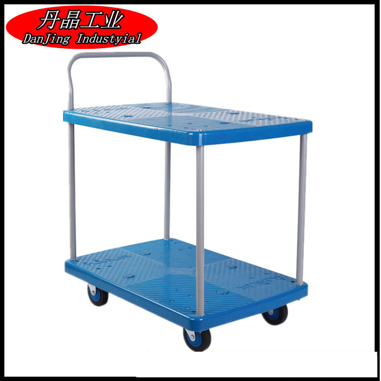 静音蓝色塑料双层平板手推车仓储搬运车工具物料车