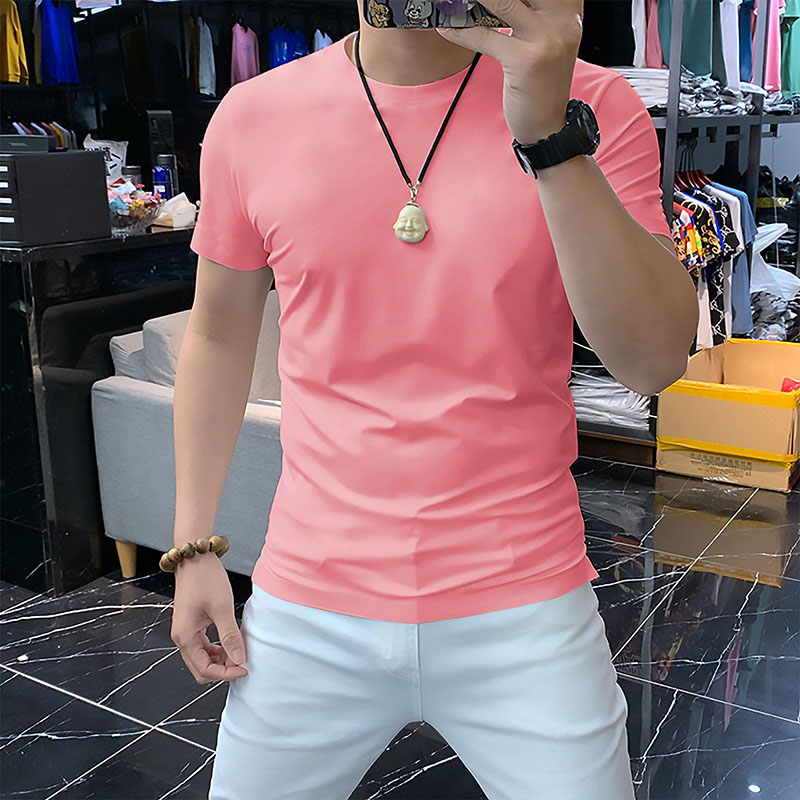 欧洲站夏装男士丝光棉短袖t恤修身韩版纯色休闲百搭潮流半袖上衣