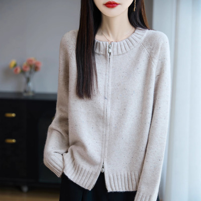 秋冬圆领双拉链毛衣开衫女浣熊绒