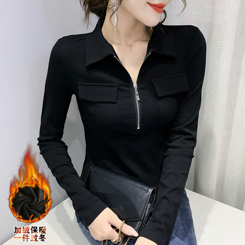 新款 加绒加厚保暖气质上衣女性感衫长袖秋修身显瘦色打底T恤网纱