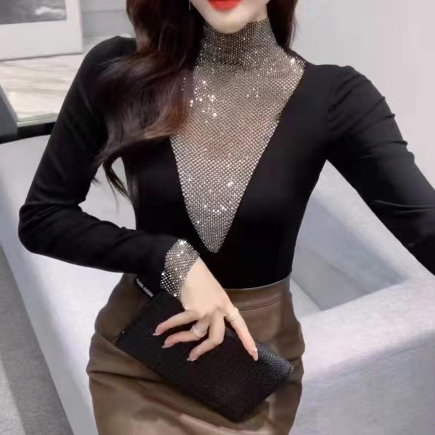 长袖休闲风网纱现货打底衫棉网