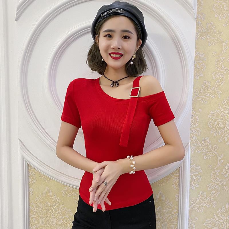 实拍2022年夏季斜领露肩色系肩带镶钻扣装饰短袖T恤女上衣网纱