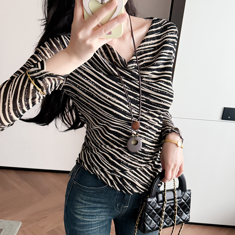 性感一字肩荡领上衣女秋季欧货条纹印花网纱打底衫紧身长袖t恤潮