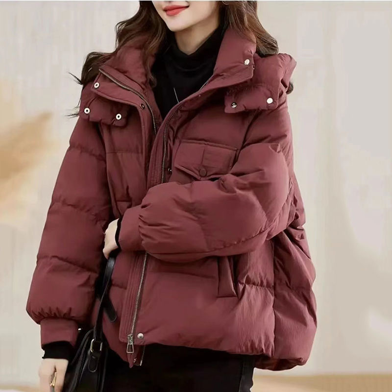 新款红色短款连帽羽绒棉服女冬季