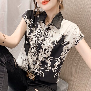 东南亚2025夏装时尚气质印花翻领雪纺衫衬衣宽松上衣女衬衫常规