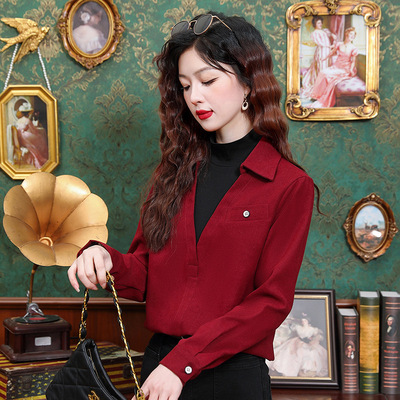 新款法式设计感小众红色复古假两