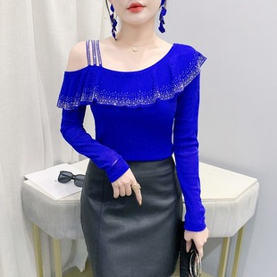 小衫 实拍2025春季 网纱银线长袖 显瘦设计感露肩烫钻时尚 女T恤 修身
