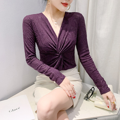 长袖其他性感不规则V领蕾丝打