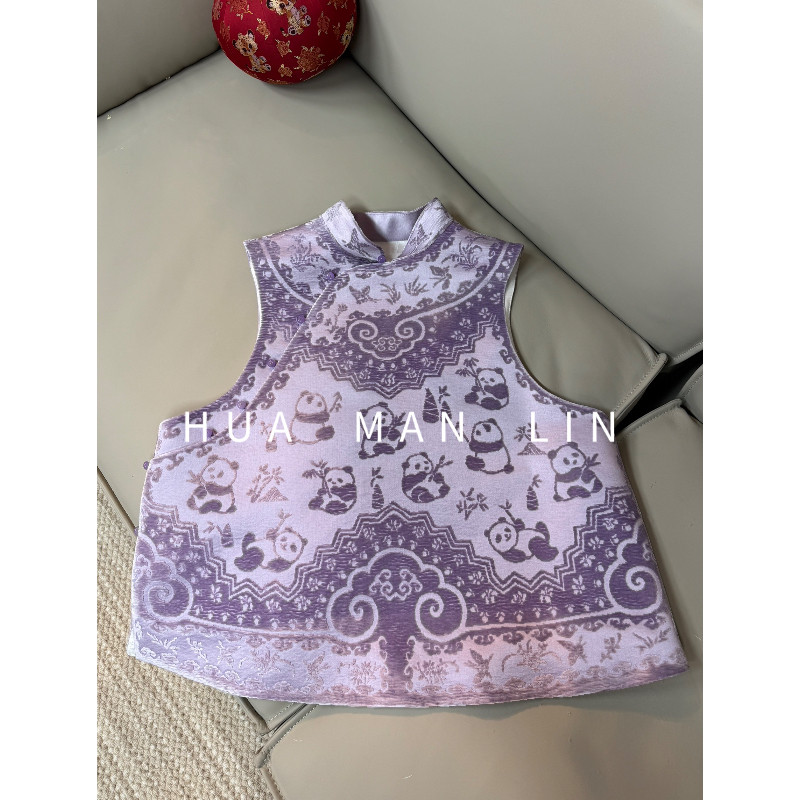 花滿林小立领斜襟熊猫漳绒真丝桑蚕丝亲子马夹268722