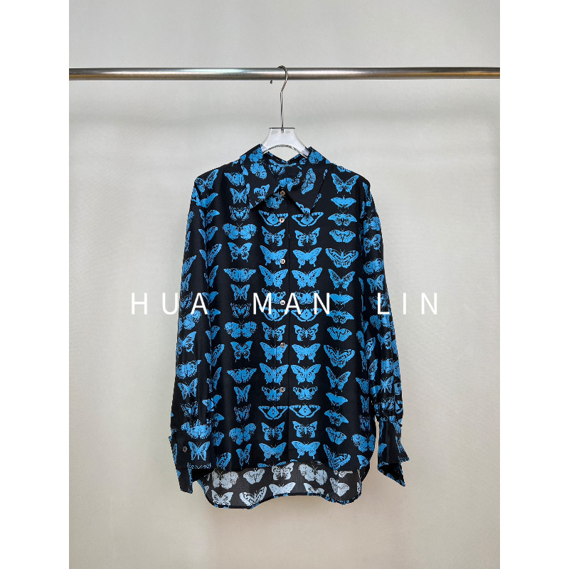 花滿林翻领正门襟蓝色蝴蝶双宫真丝桑蚕丝长袖上衣251766