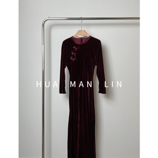 ‘波尔多热红酒’圆领盘扣桑蚕丝丝绒斜裁立裁连衣裙7795