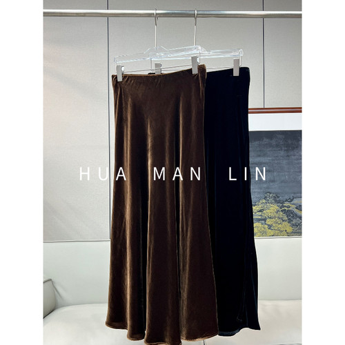 【花满林】两色内橡筋腰斜裁真丝桑蚕丝丝绒半裙265462