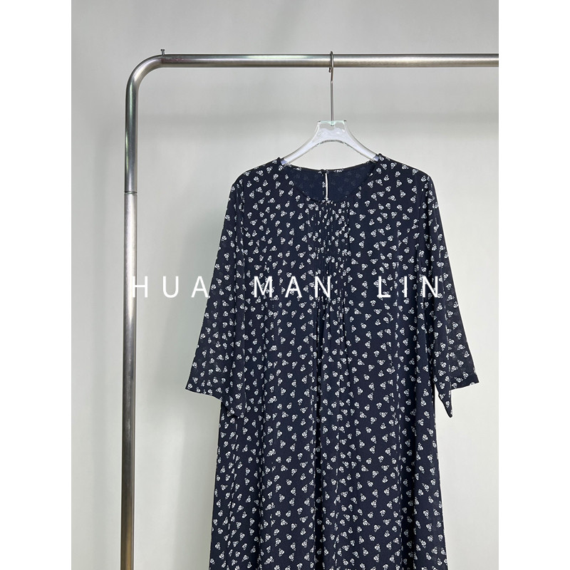 【花满林】圆领胸前打条碎花鬼绉桑蚕丝连衣裙【有腰带】259564