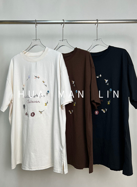 【花满林】三色圆领花边刺绣宽松短袖t恤上衣82059