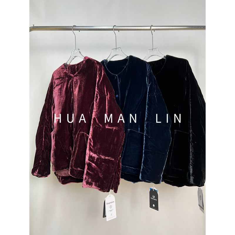 【花满林】三色圆领正门襟桑蚕丝丝绒填充物鹅绒羽绒外套66081