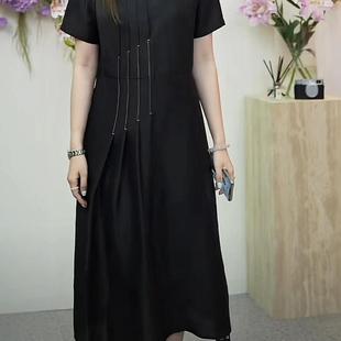 花林圆领打条后拉链30MM双宫真丝桑蚕丝连衣裙8307