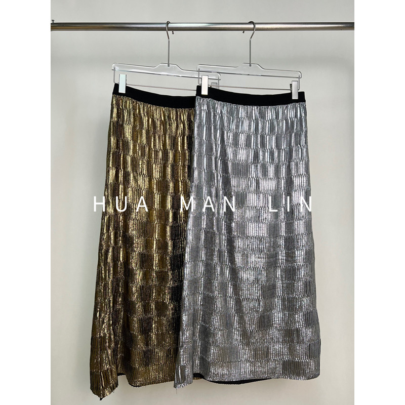 【花满林】两色全松紧腰撞色腰头压褶半身裙251603