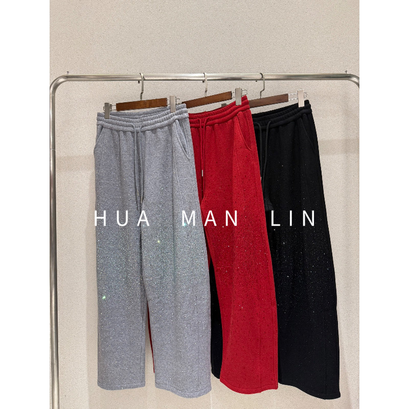 花滿林三色全松紧腰抽烫钻百搭休闲长裤80553