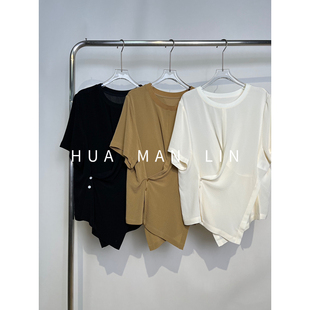 三色圆领螺纹设计扣不规则下摆鬼绉真丝桑蚕丝上衣2593 花满林