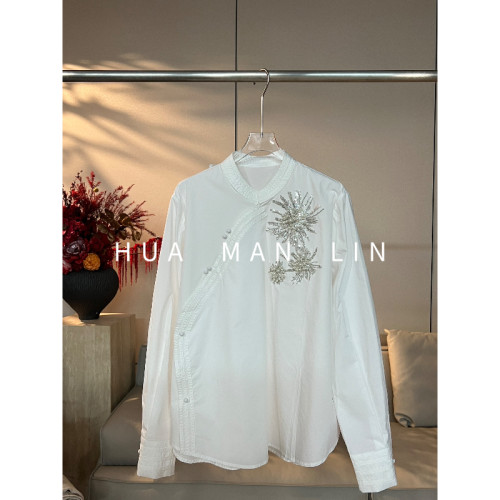 花滿林小立领斜门襟包扣辑边重工钉珠刺绣长袖上衣26897