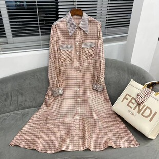 提花缎翻领双贴袋气质收腰连衣裙5839 ‘小方格’时尚 花满林