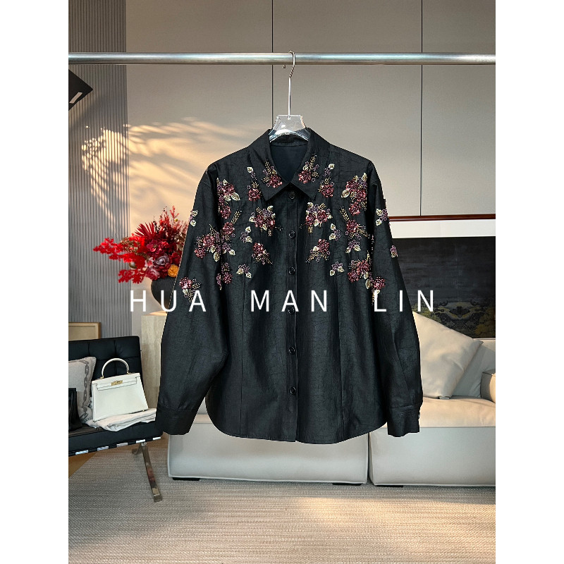 【花满林】翻领正门襟重工钉珠花朵龟裂纹香云纱桑蚕丝外套251678
