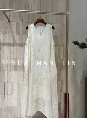 【花满林】V领后扣重工刺绣蝴蝶背心连衣裙62020