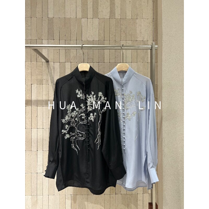 【花滿林】两色小立领重工刺绣本布包扣双绉真丝桑蚕丝上衣262814