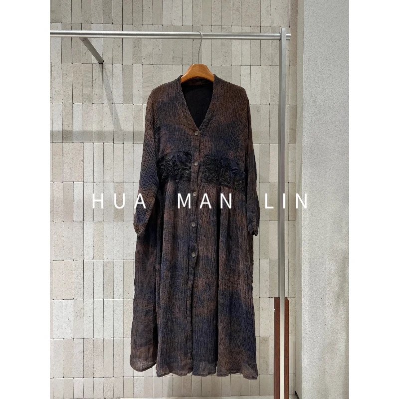【花满林】V领正门襟扎染竖纹腰部拼接亚麻连衣裙31077