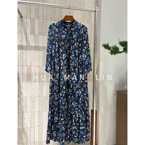 【花满林】领口系带双绉桑蚕丝碎花蛋糕裙268883【配腰带】