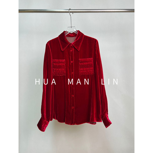 【花满林】翻领两侧口袋打揽真丝桑蚕丝丝绒上衣245670