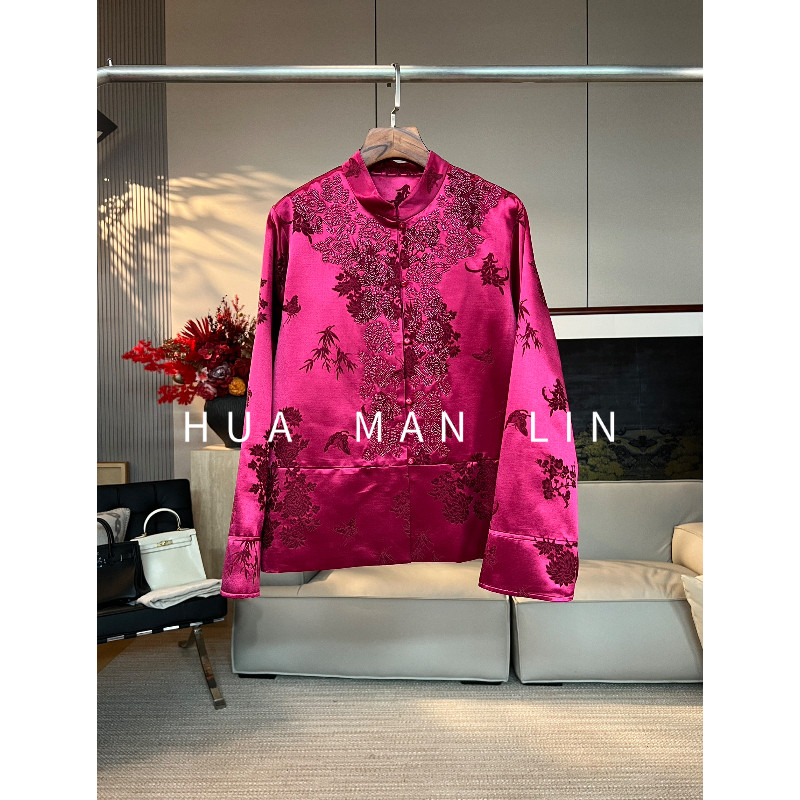 【花满林】小立领玉石扣重工钉珠真丝桑蚕丝丝毛外套251674