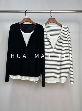 【花满林】两色圆领胸前半拉链假两件套长袖上衣23320