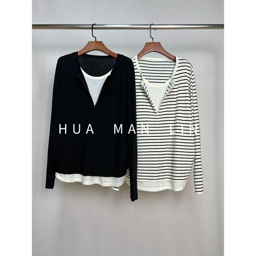 【花满林】两色圆领胸前半拉链假两件套长袖上衣23320