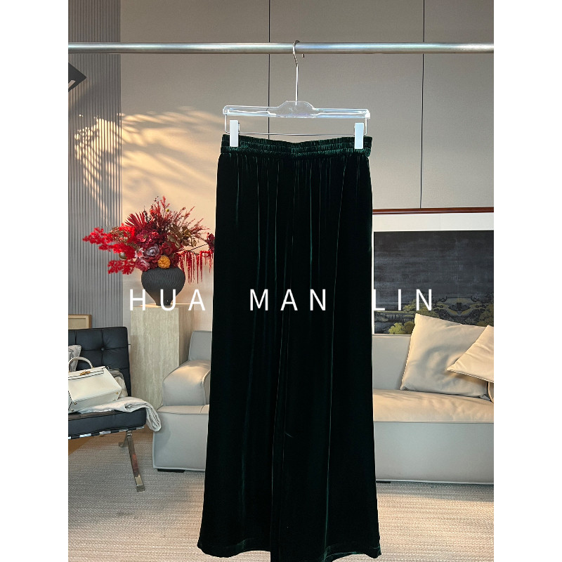 花滿林全松紧腰净版真丝桑蚕丝丝绒绿色长裤261871