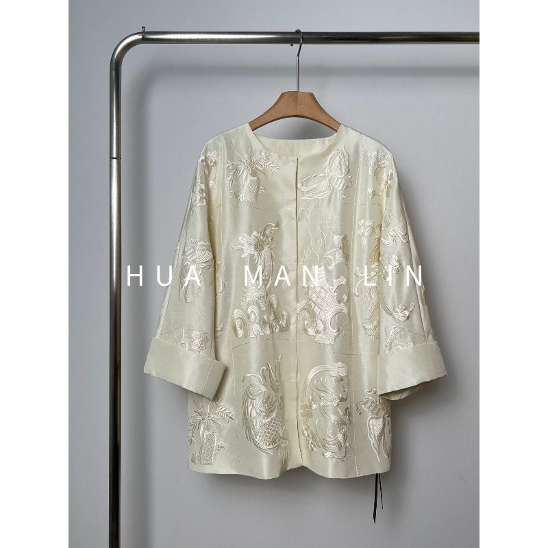 花滿林圆领珠边线重工刺绣双宫真丝桑蚕丝上衣8695