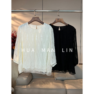 花滿林两色钉珠圆领重工刺绣桑蚕丝中袖 上衣66262