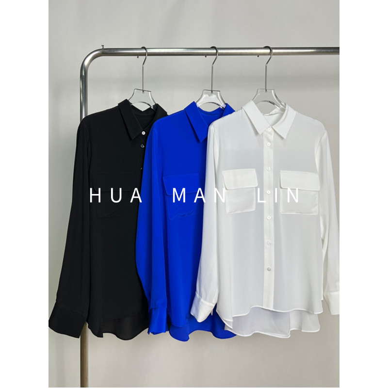 【花满林】三色翻领正门襟双贴袋双绉真丝桑蚕丝长袖上衣259106
