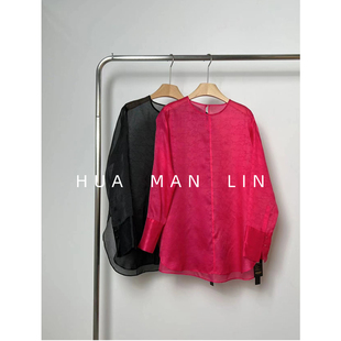 【花满林】两色圆领真丝桑蚕丝欧根纱花罗套头百搭简约上衣6169