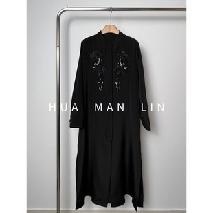 花滿林小立领重工钉珠40MM重磅真丝桑蚕丝连衣裙8809