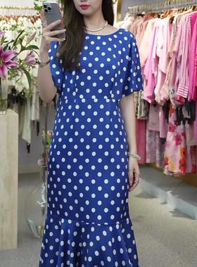 【花满林】圆领蓝色波点26MM双乔真丝桑蚕丝短袖裙子8873